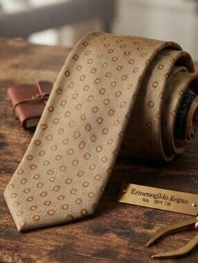 Ermengildo Zegna Tan Gold Yellow Copper Geometric Shape Mens Tie  necktie